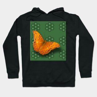 Beautiful orange butterfly on green pattern background Hoodie